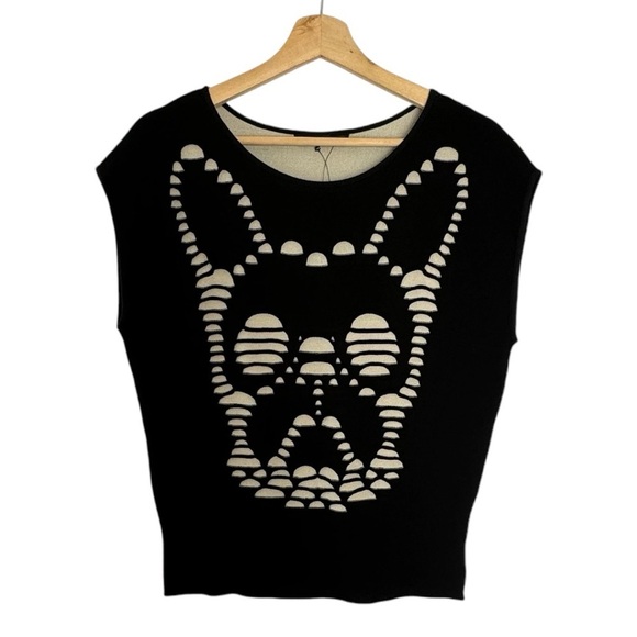 RVN Black & Tan Cutout Illusion Ghost Frenchy Short Cap Sleeve Sweater Top - Picture 1 of 10